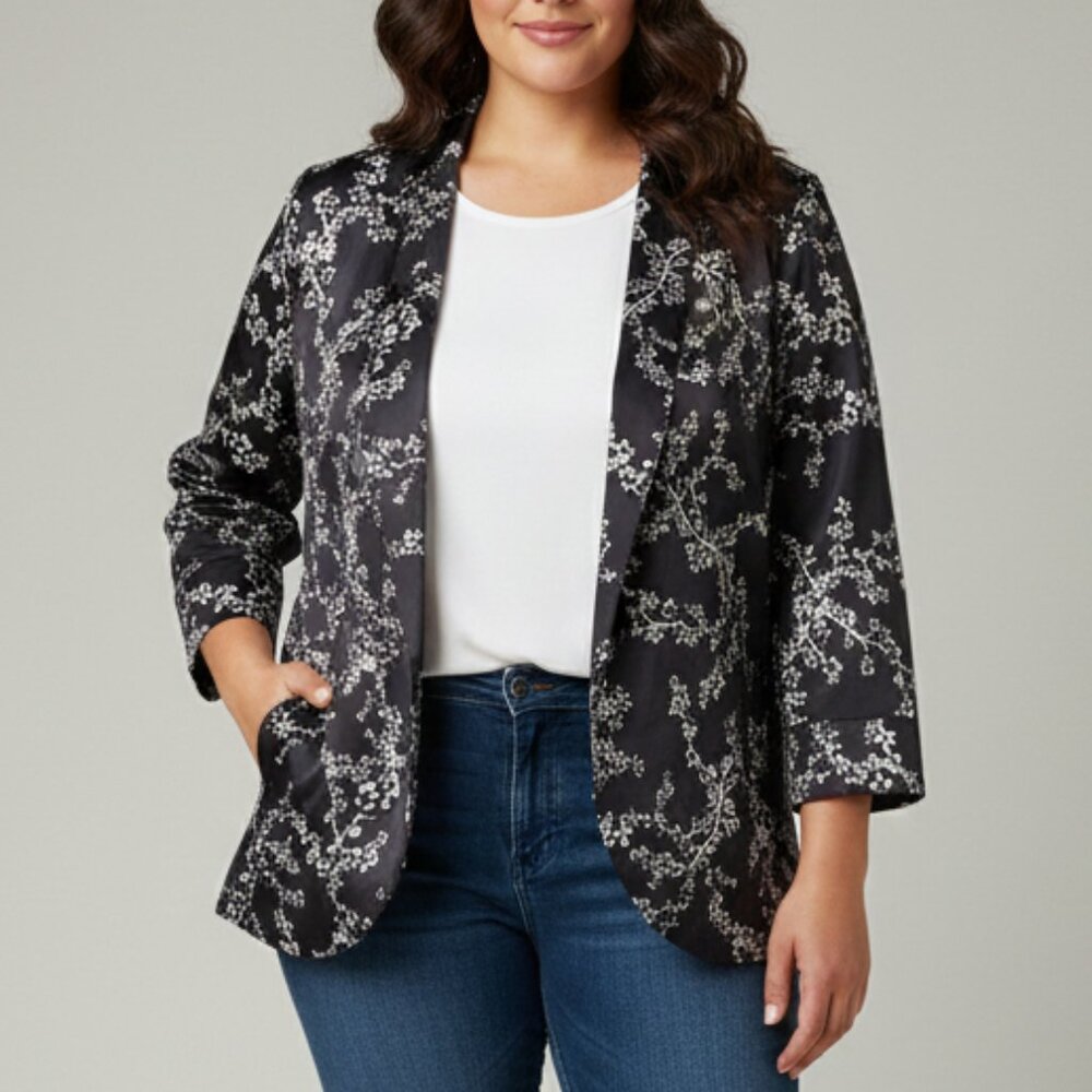 Attitude Open Front 3/4 Sleeve Lined Jacket Black Floral XL